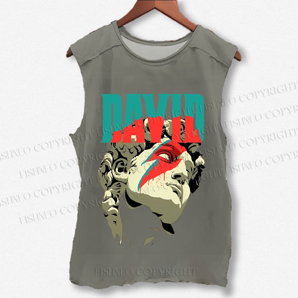 Unisex Plaster Statue David Bowie Printed Washed Tank Top