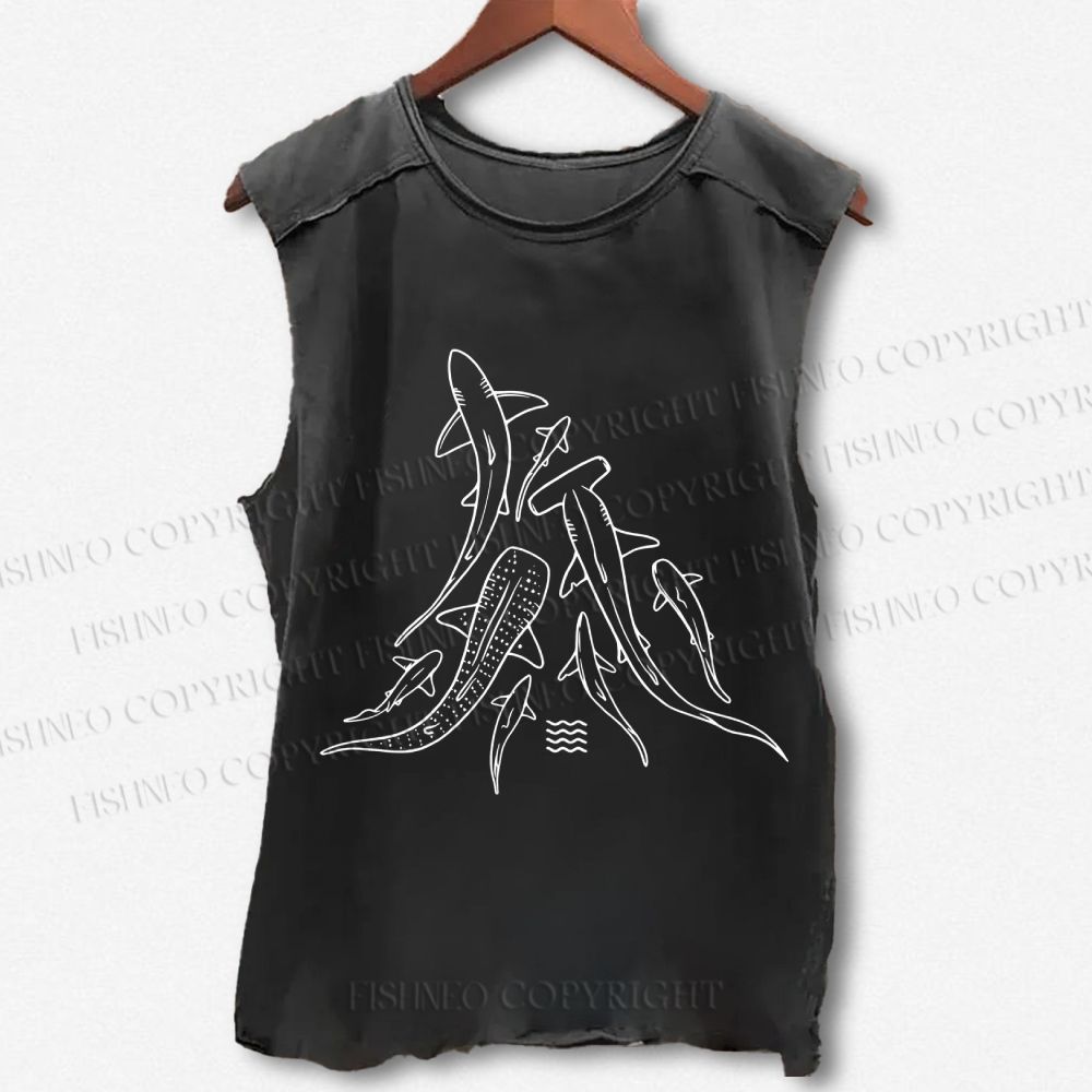 Unisex Fish Shark Whale Printed Washed Tank Top