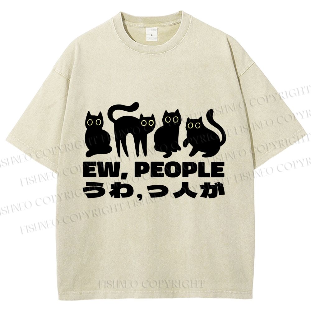Unisex Black Cat Ew People Printed Washed Tee