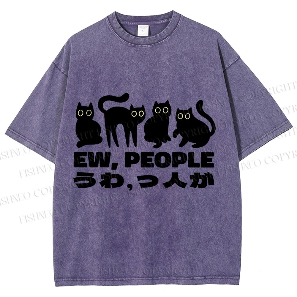 Unisex Black Cat Ew People Printed Washed Tee