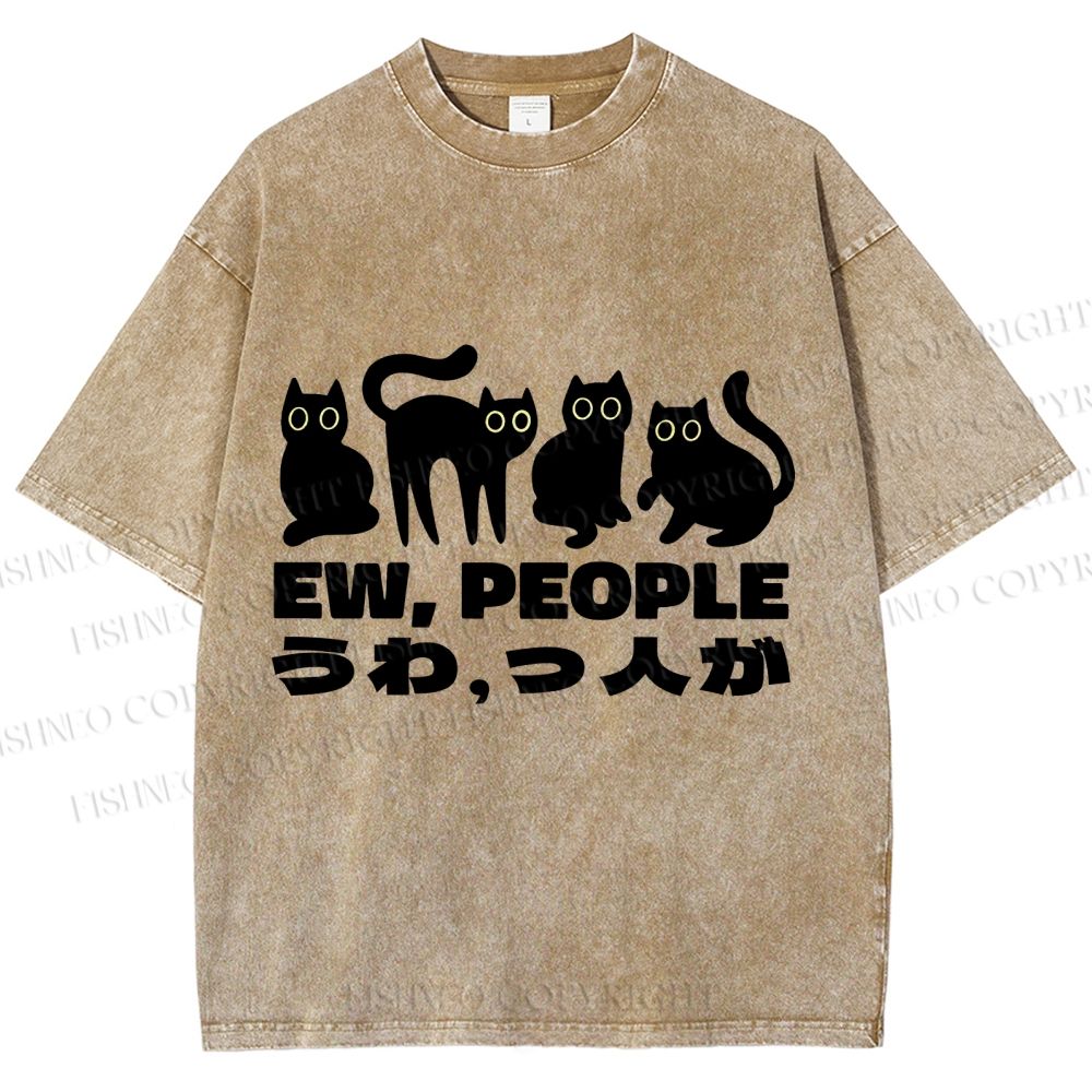 Unisex Black Cat Ew People Printed Washed Tee