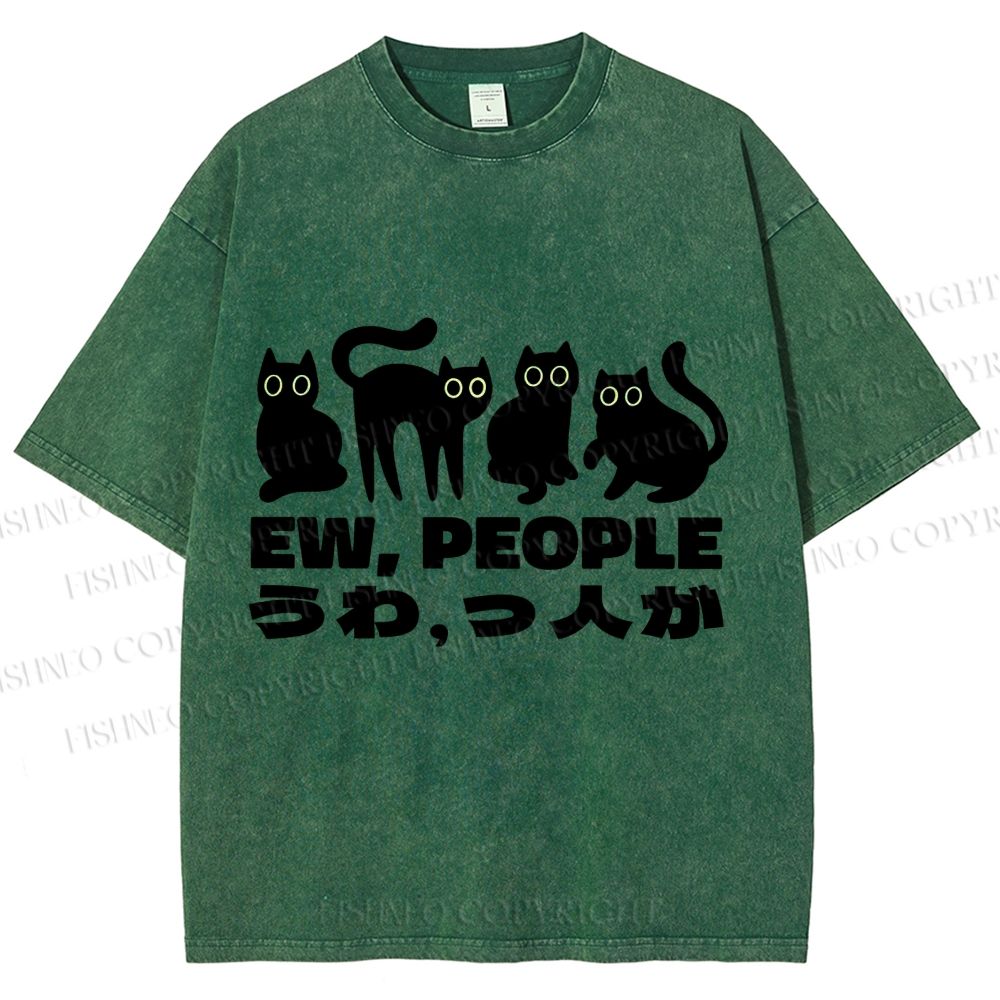 Unisex Black Cat Ew People Printed Washed Tee