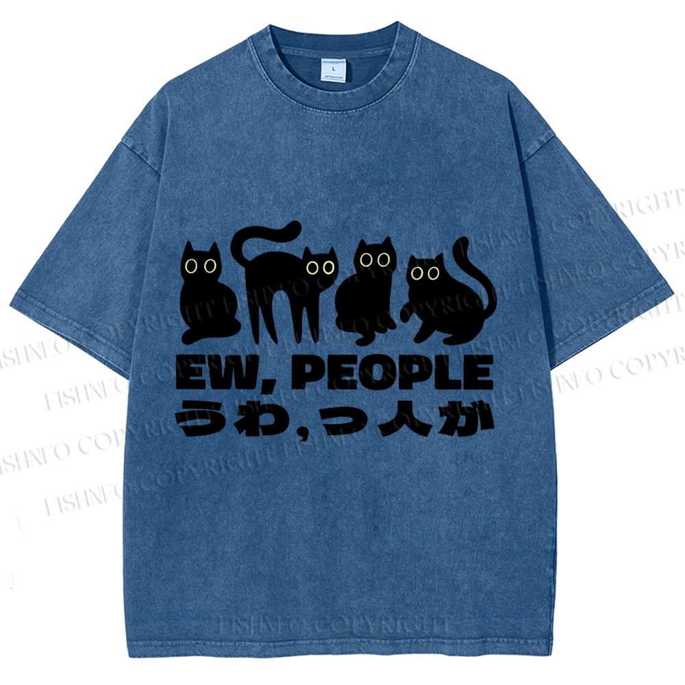 Unisex Black Cat Ew People Printed Washed Tee