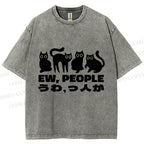 Unisex Black Cat Ew People Printed Washed Tee