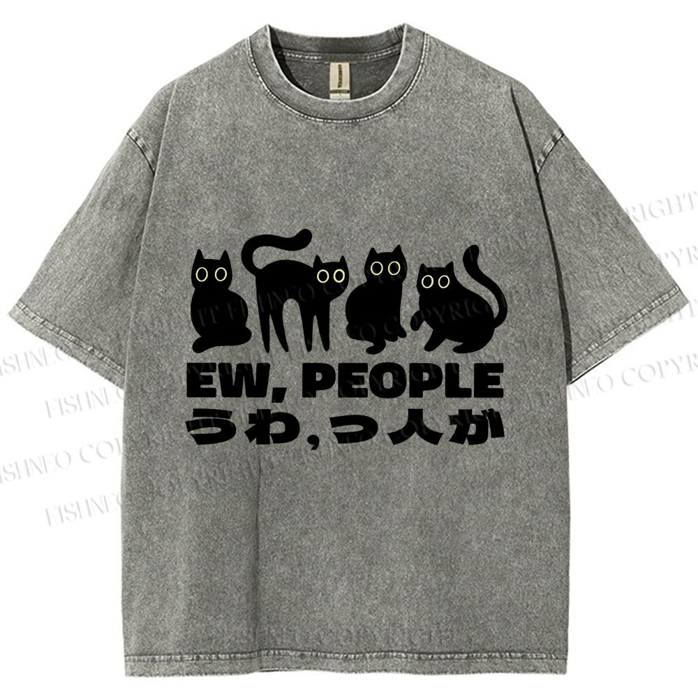 Unisex Black Cat Ew People Printed Washed Tee