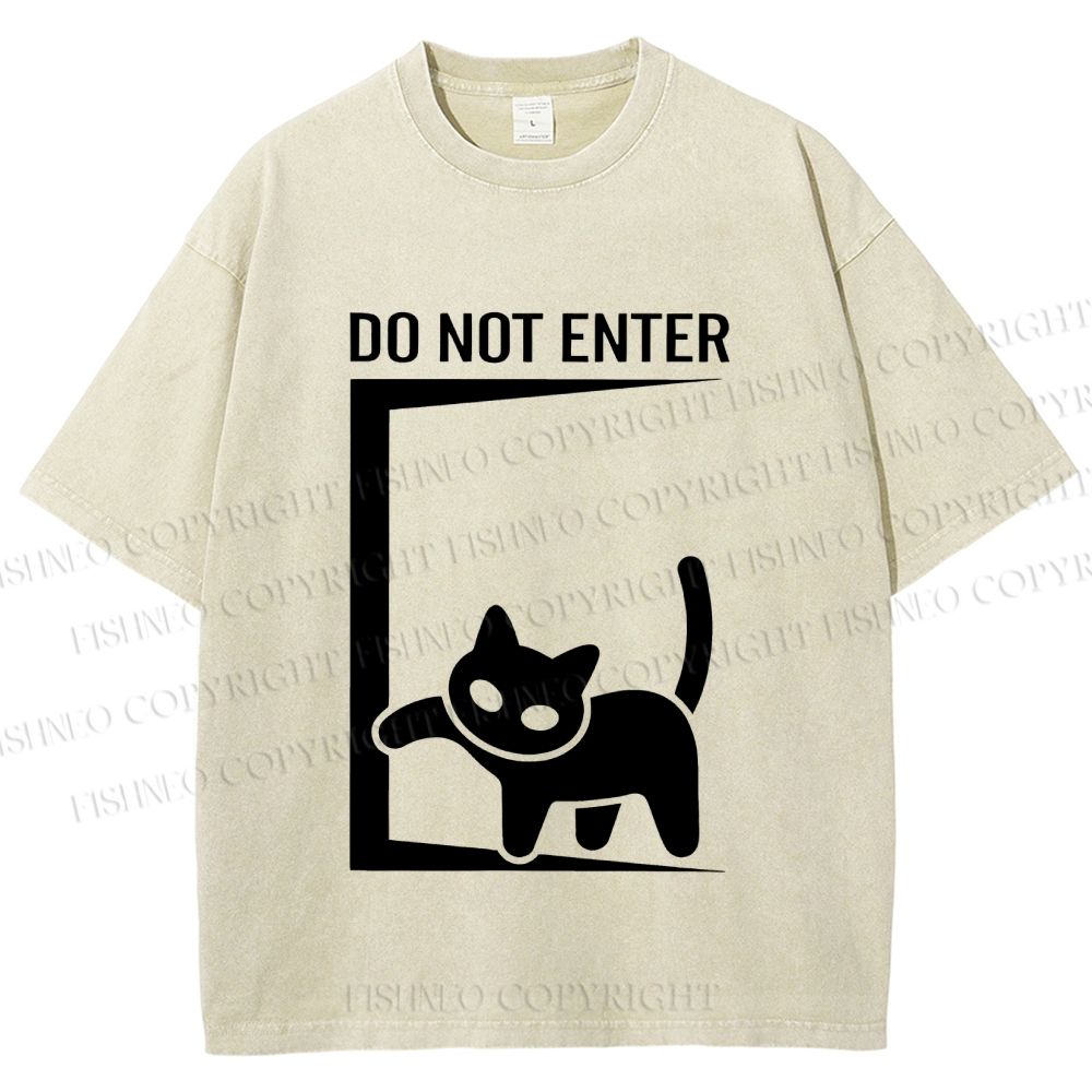 Unisex Black Cat Do Not Enter Printed Washed Tee