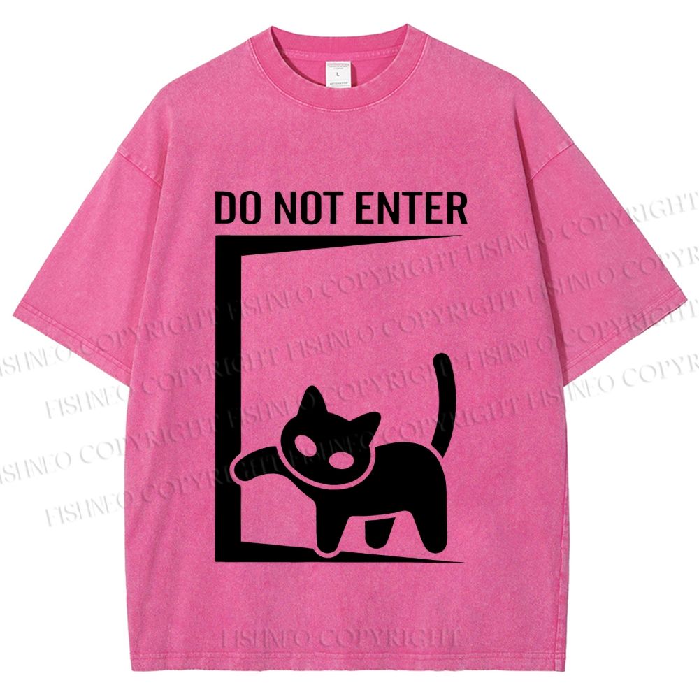 Unisex Black Cat Do Not Enter Printed Washed Tee