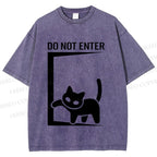 Unisex Black Cat Do Not Enter Printed Washed Tee