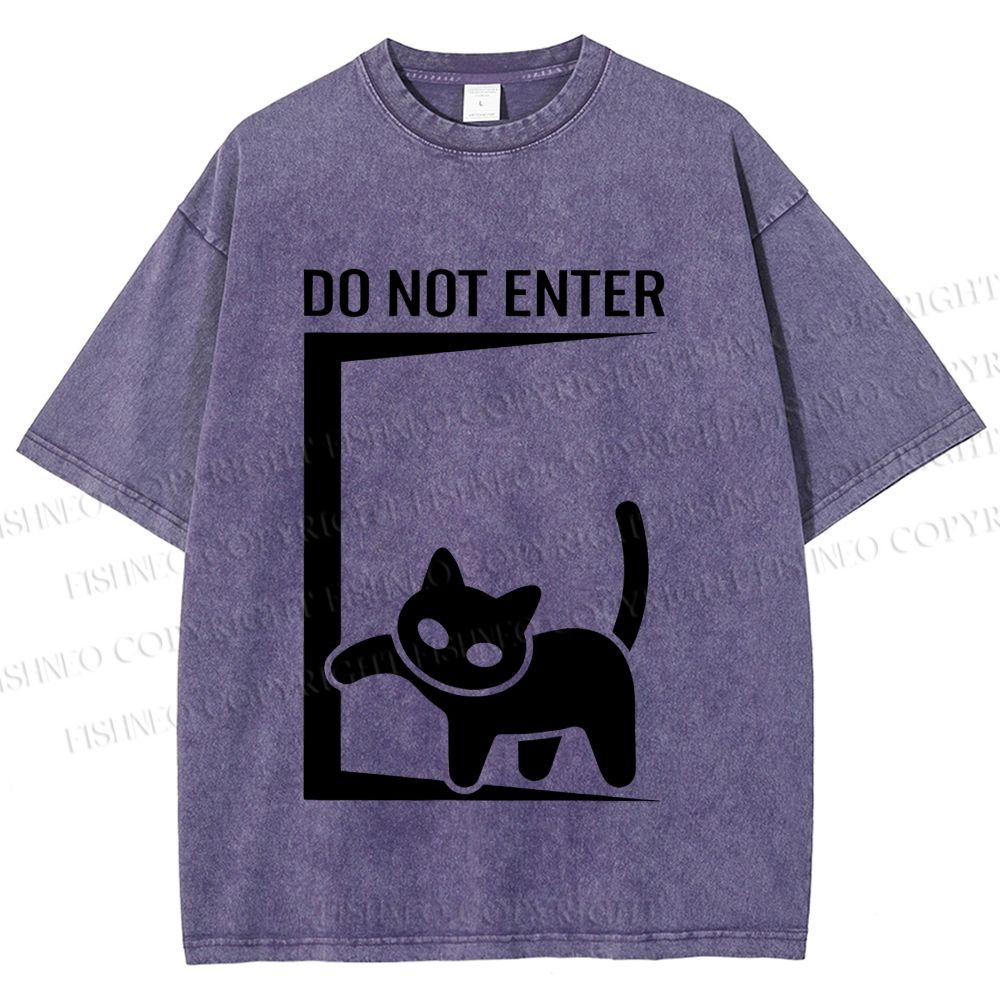 Unisex Black Cat Do Not Enter Printed Washed Tee