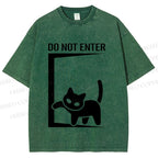 Unisex Black Cat Do Not Enter Printed Washed Tee