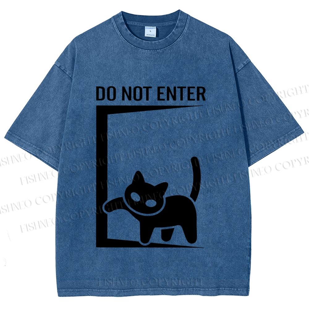 Unisex Black Cat Do Not Enter Printed Washed Tee