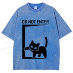 Unisex Black Cat Do Not Enter Printed Washed Tee