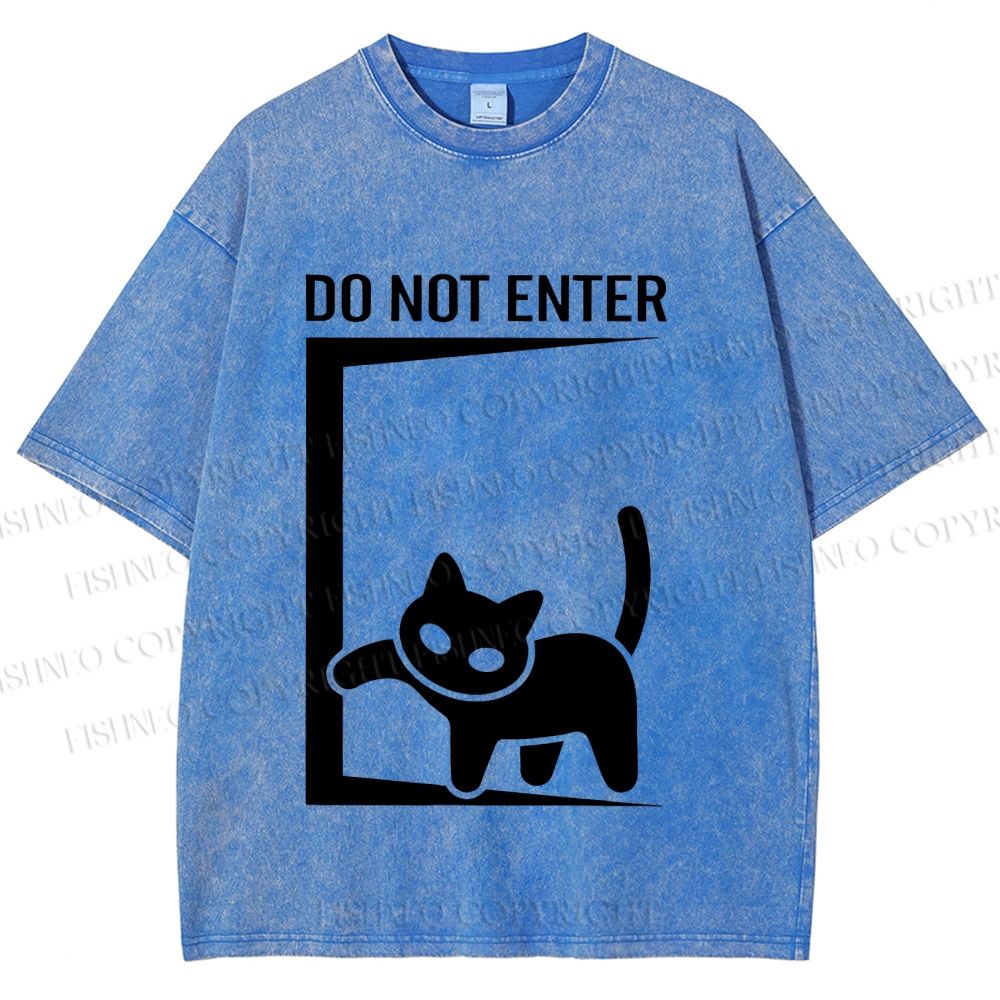 Unisex Black Cat Do Not Enter Printed Washed Tee