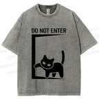 Unisex Black Cat Do Not Enter Printed Washed Tee