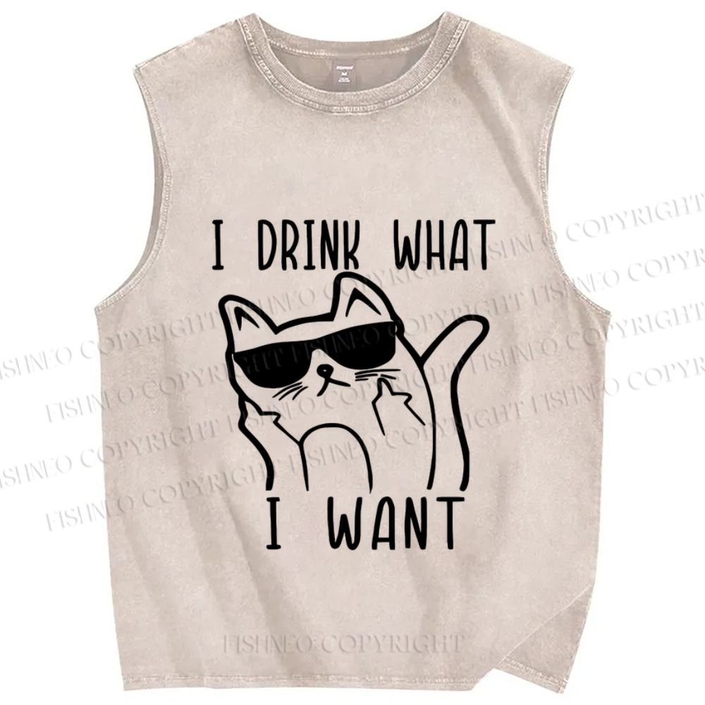 Unisex Cool Cat Drink What I Want  Printed Washed Tank Top
