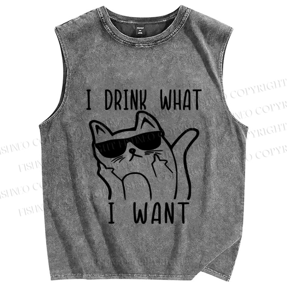 Unisex Cool Cat Drink What I Want  Printed Washed Tank Top