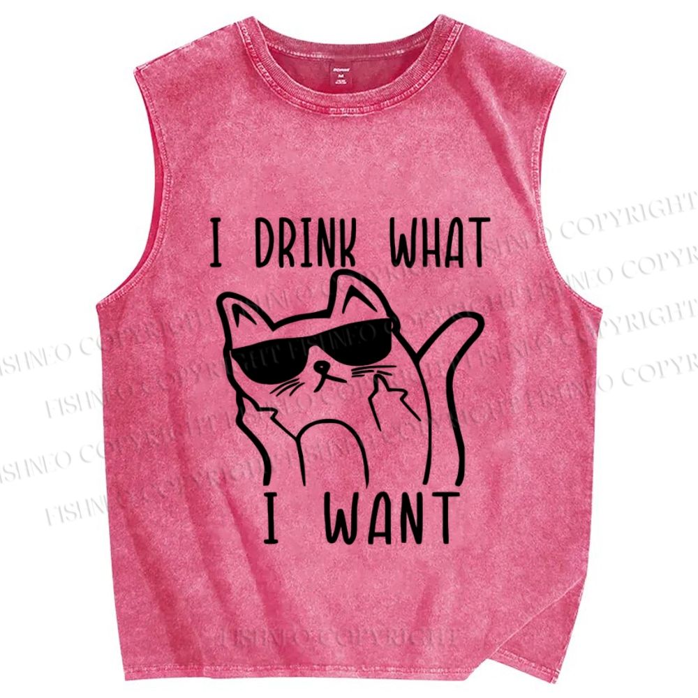 Unisex Cool Cat Drink What I Want  Printed Washed Tank Top