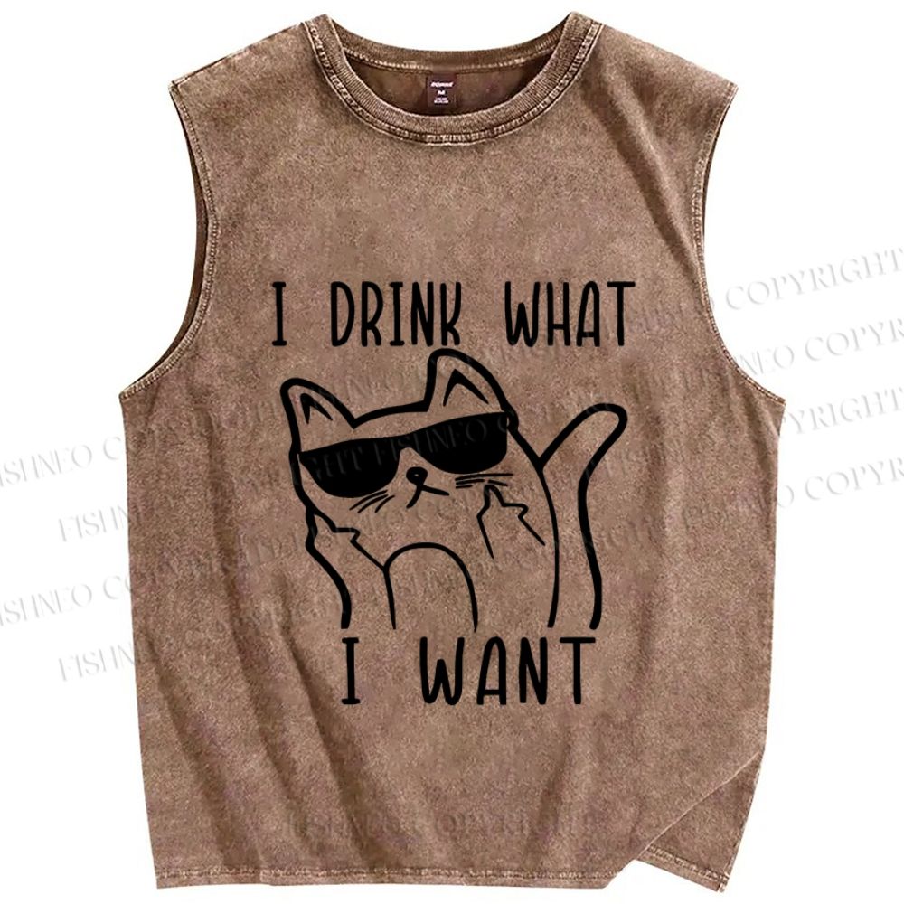 Unisex Cool Cat Drink What I Want  Printed Washed Tank Top