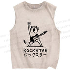 Unisex Rock Star Cat Printed Washed Tank Top