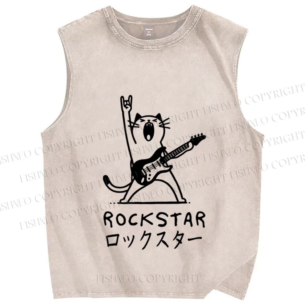 Unisex Rock Star Cat Printed Washed Tank Top