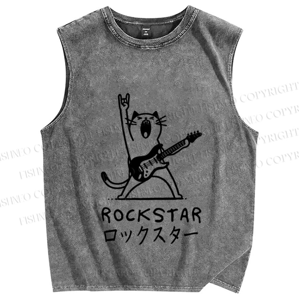 Unisex Rock Star Cat Printed Washed Tank Top