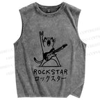 Unisex Rock Star Cat Printed Washed Tank Top