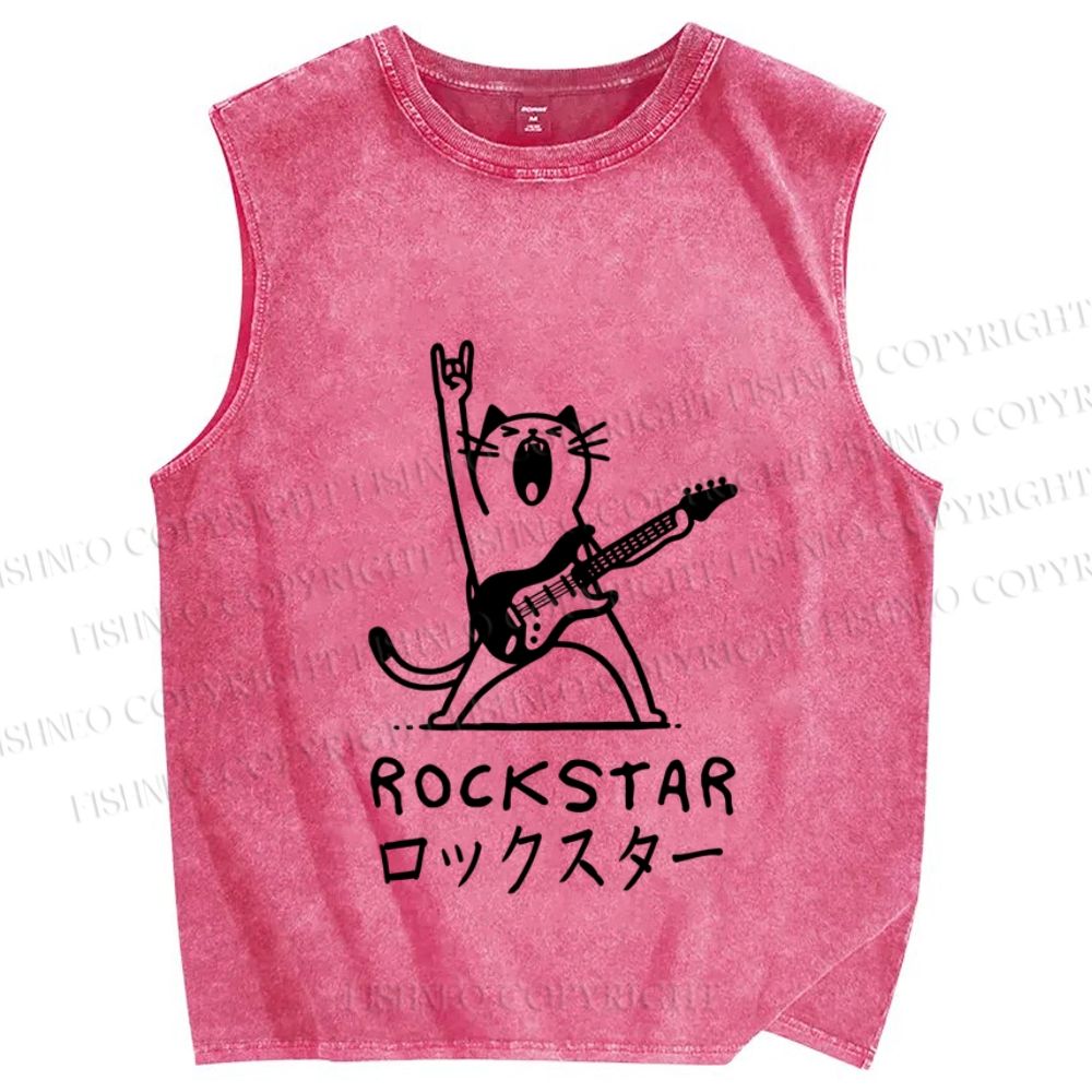 Unisex Rock Star Cat Printed Washed Tank Top