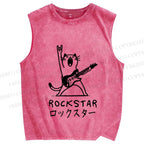 Unisex Rock Star Cat Printed Washed Tank Top