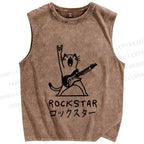 Unisex Rock Star Cat Printed Washed Tank Top