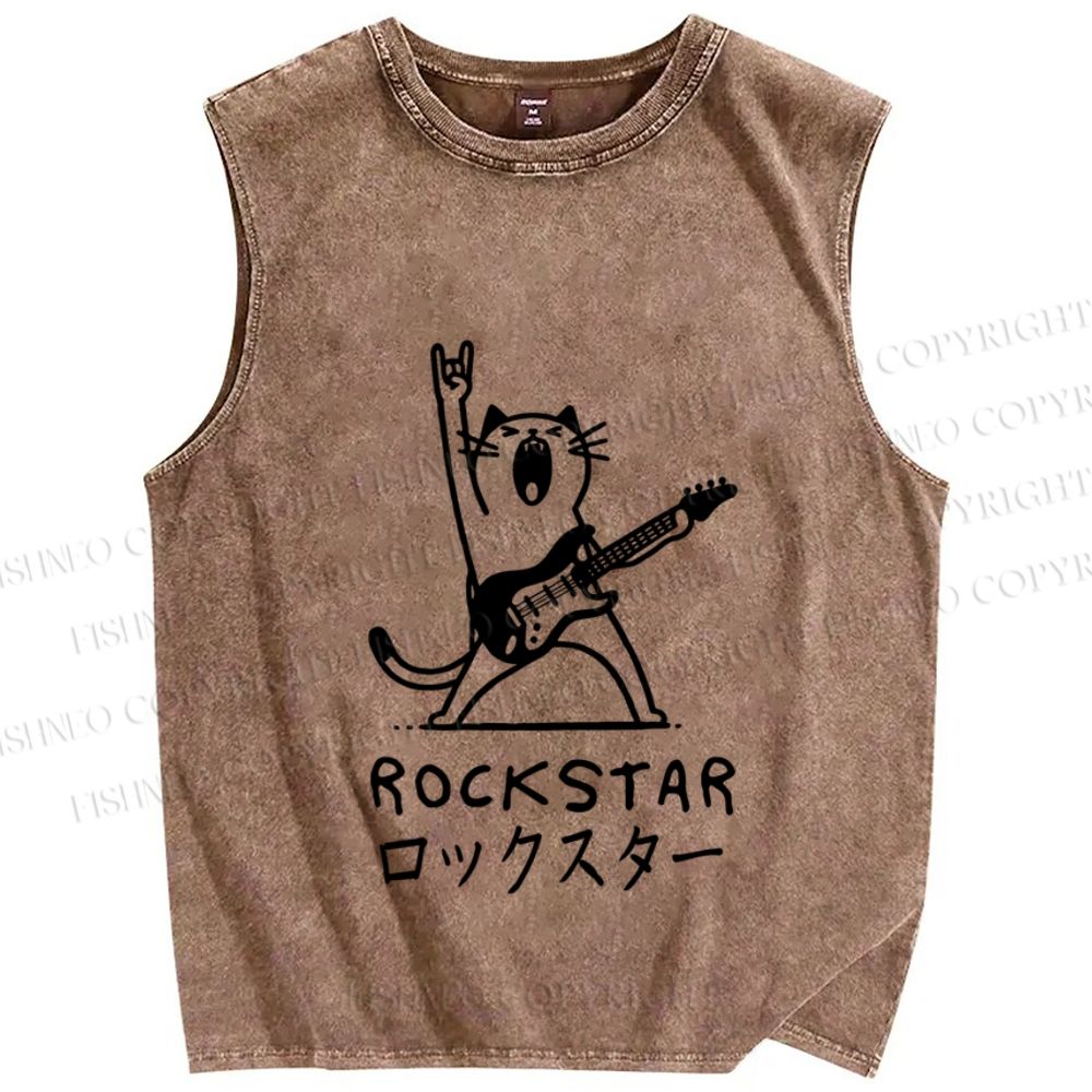 Unisex Rock Star Cat Printed Washed Tank Top