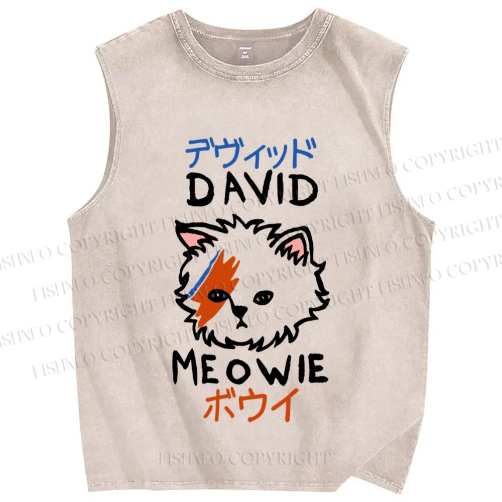 Unisex David Bowie Cat Printed Washed Tank Top