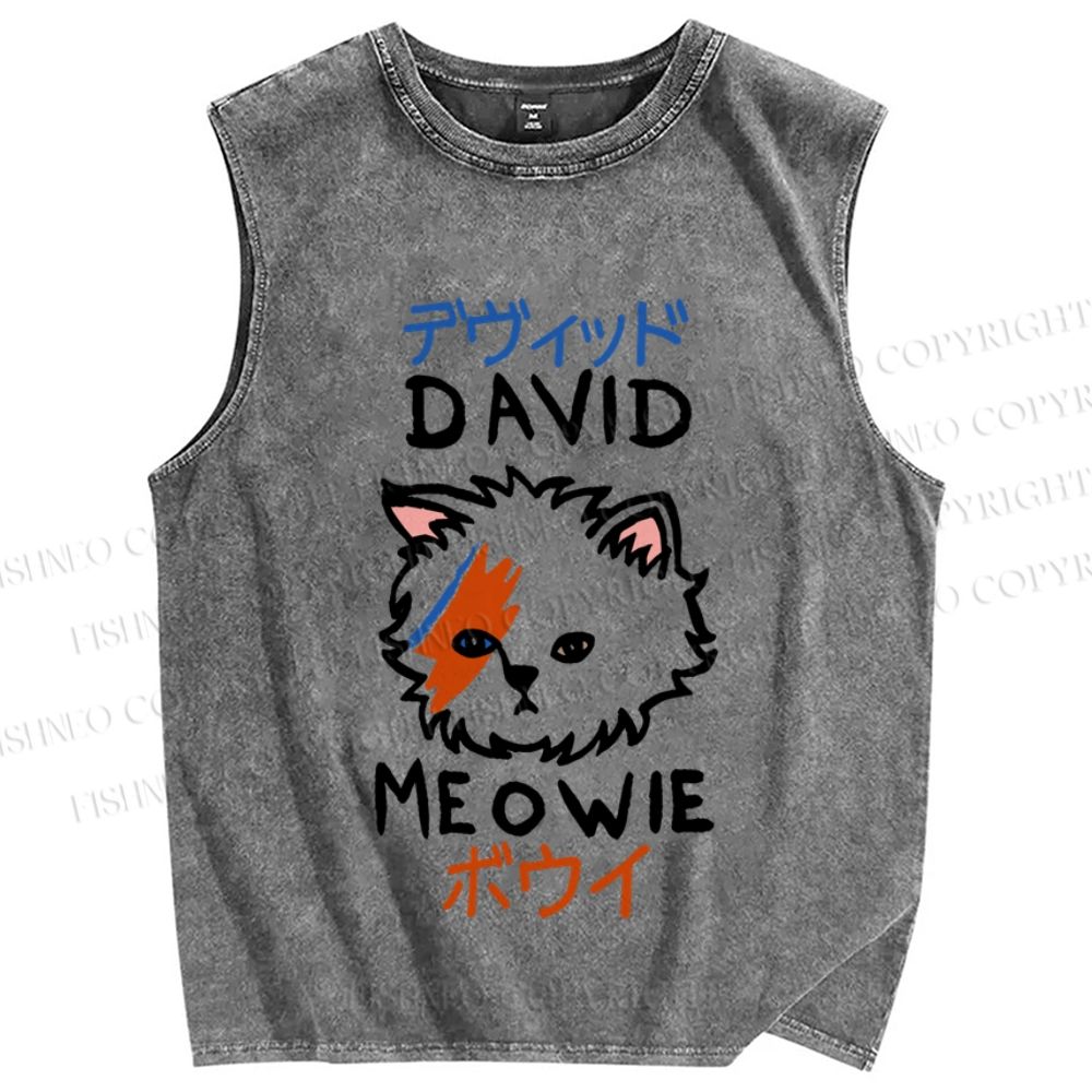 Unisex David Bowie Cat Printed Washed Tank Top
