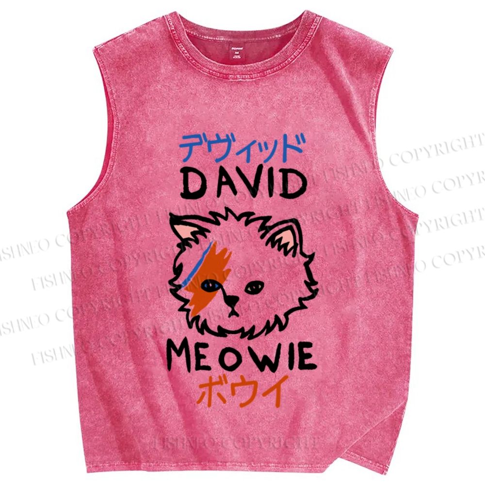 Unisex David Bowie Cat Printed Washed Tank Top