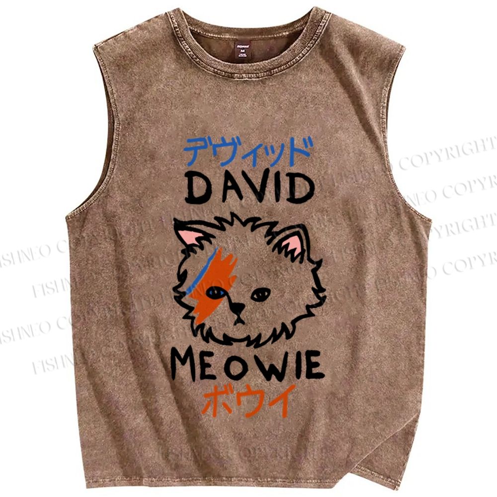 Unisex David Bowie Cat Printed Washed Tank Top