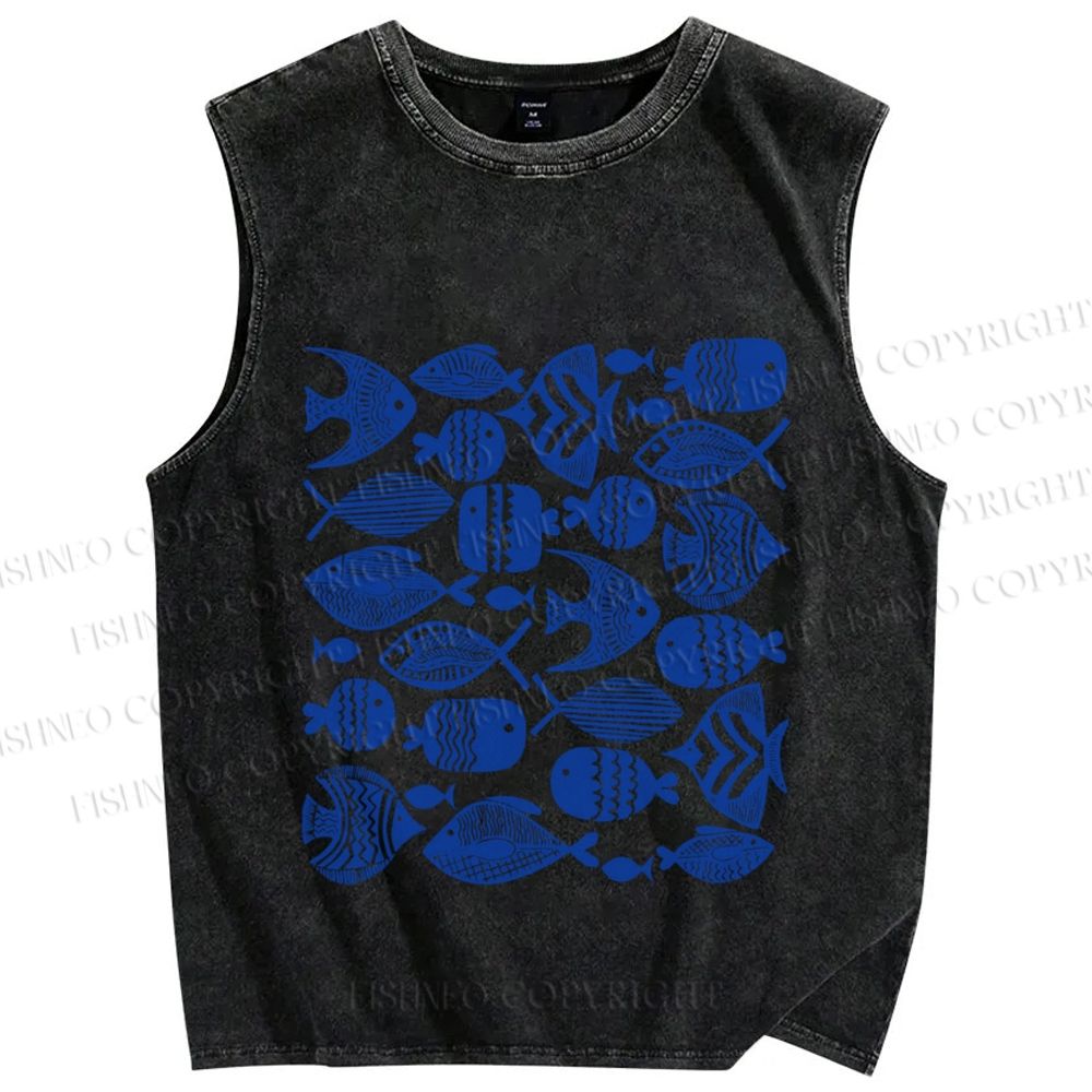 Unisex Blue Fish Printed Washed Tank Top