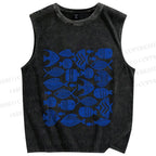 Unisex Blue Fish Printed Washed Tank Top