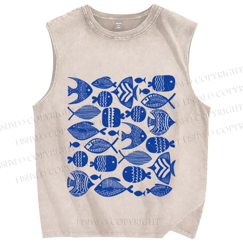 Unisex Blue Fish Printed Washed Tank Top
