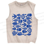 Unisex Blue Fish Printed Washed Tank Top