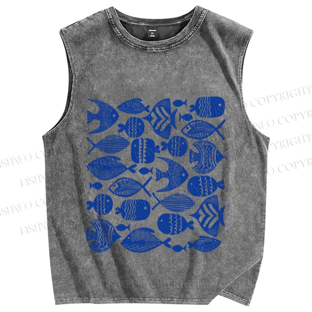 Unisex Blue Fish Printed Washed Tank Top