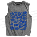 Unisex Blue Fish Printed Washed Tank Top