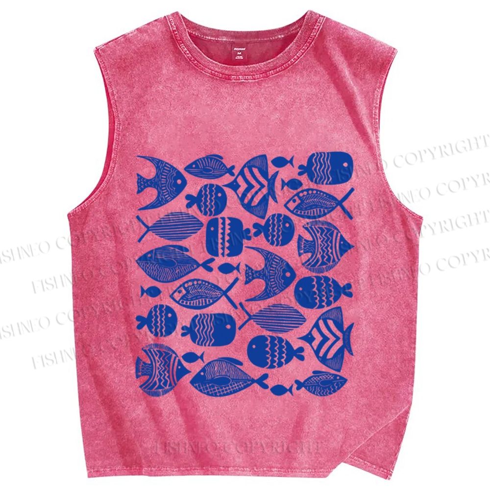 Unisex Blue Fish Printed Washed Tank Top