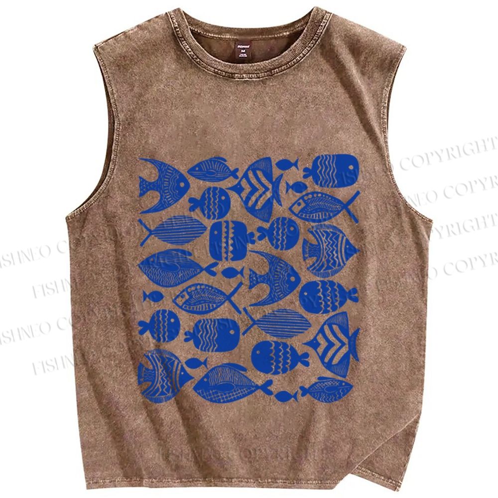 Unisex Blue Fish Printed Washed Tank Top