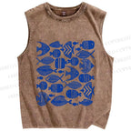 Unisex Blue Fish Printed Washed Tank Top