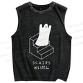 Unisex Ghost Scary Stairs Scairs Printed Washed Tank Top