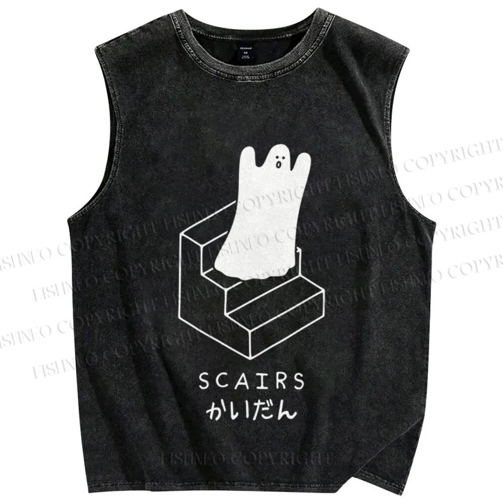 Unisex Ghost Scary Stairs Scairs Printed Washed Tank Top