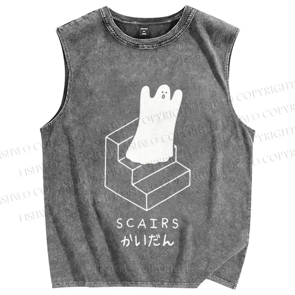 Unisex Ghost Scary Stairs Scairs Printed Washed Tank Top