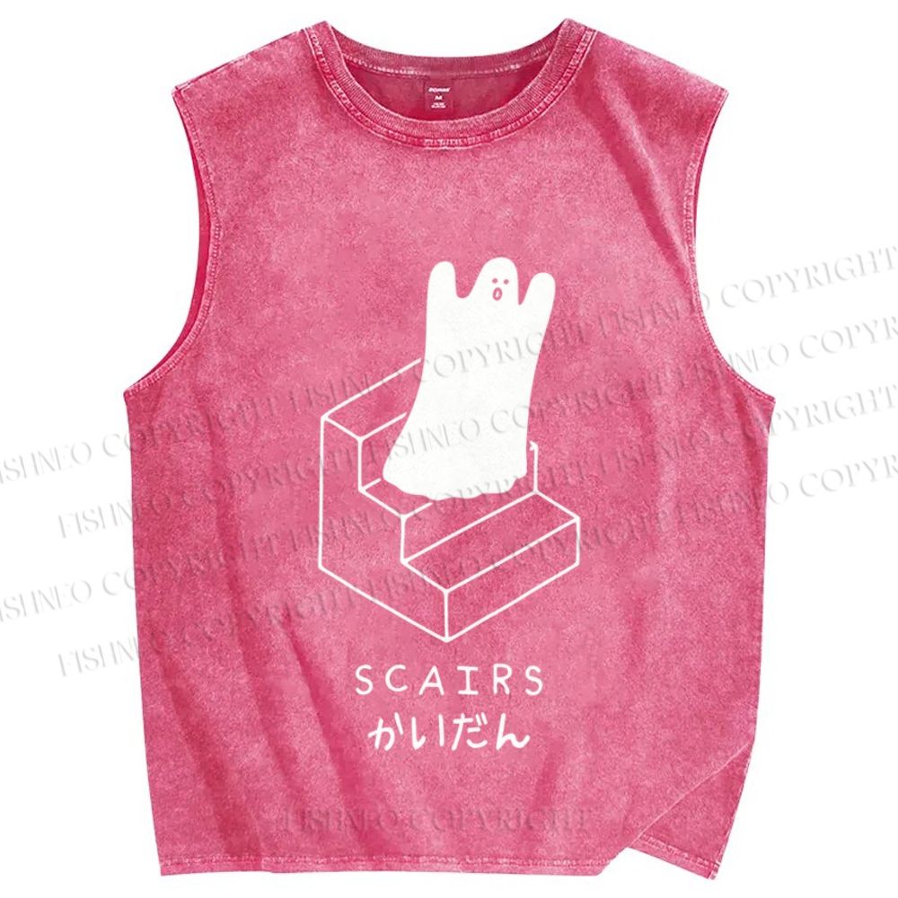 Unisex Ghost Scary Stairs Scairs Printed Washed Tank Top