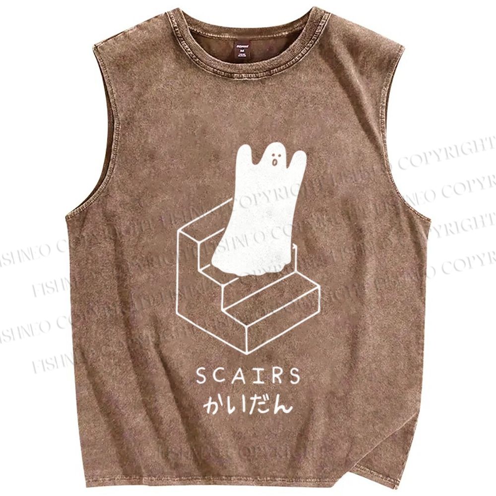 Unisex Ghost Scary Stairs Scairs Printed Washed Tank Top