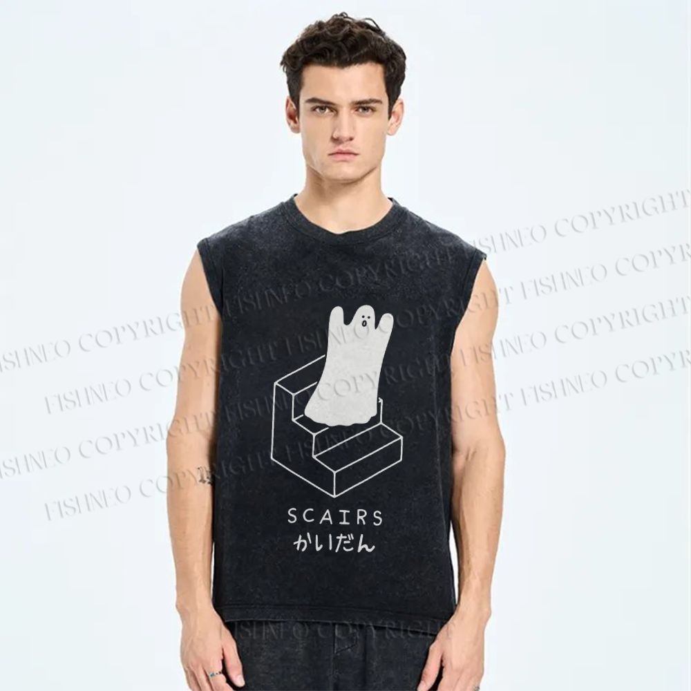 Unisex Ghost Scary Stairs Scairs Printed Washed Tank Top