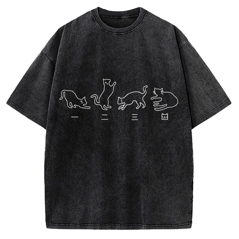 One Two Three Cat Japanese Kanji Vintage Washed T-shirt